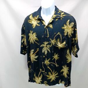Vintage Straight Down Tropical Black and Gold Men's Shirt Medium